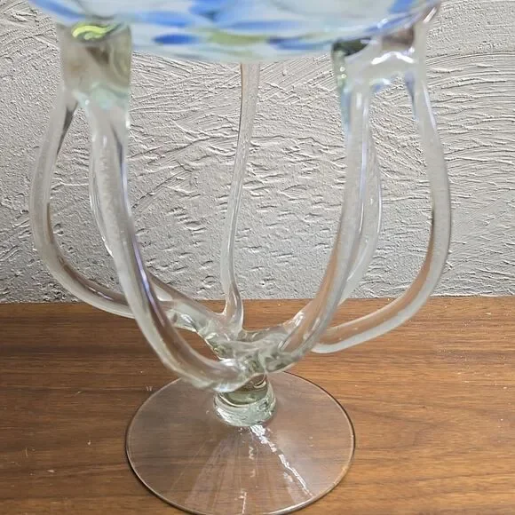 MAKORA KROSNO OCTOPUS JELLYFISH COBALT GLASS COMPOTE PEDESTAL BOWL, VINTAGE
